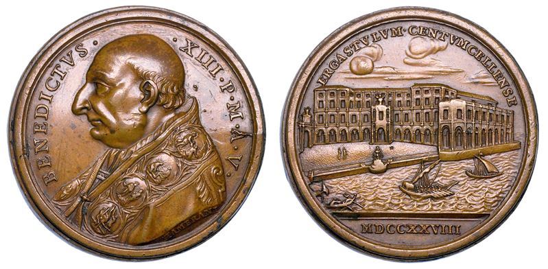 STATO PONTIFICIO. BENEDETTO XIII (Pier Francesco Vincenzo Maria Orsini), 1724-1730. Medaglia annuale in bronzo 1728/A. V. Sistemazione della piazza della darsena e costruzione del penitenziario di Civitavecchia.  - Auction Numismatics - Medals and popes - II - Cambi Casa d'Aste