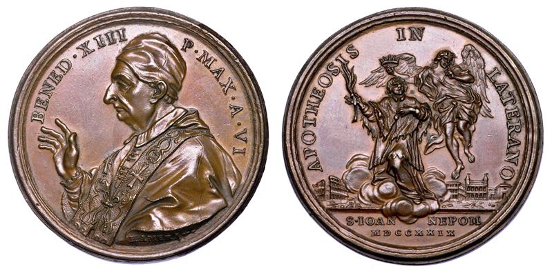 STATO PONTIFICIO. BENEDETTO XIII (Pier Francesco Vincenzo Maria Orsini), 1724-1730. Medaglia annuale in bronzo 1729/A. VI Iscrizione nel libro dei Santi di Giovanni Nepomuceno.  - Auction Numismatics - Medals and popes - II - Cambi Casa d'Aste