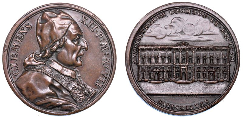 STATO PONTIFICIO. CLEMENTE XII (Lorenzo Corsini), 1730-1740. Medaglia annuale in bronzo 1737/A. VII. Palazzo della Consulta a Roma.  - Auction Numismatics - Medals and popes - II - Cambi Casa d'Aste