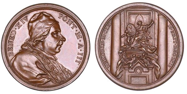 STATO PONTIFICIO. BENEDETTO XIV (Prospero Lorenzo Lambertini), 1740-1758. Medaglia annuale in bronzo A. III (1743). Mausoleo sepolcrale a Maria Clementina Sobieska.