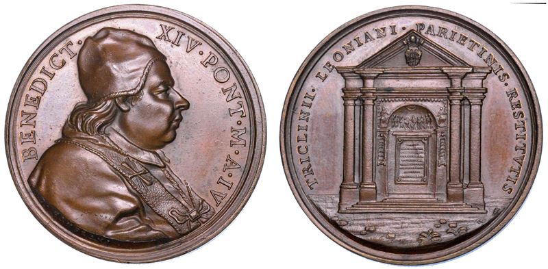 STATO PONTIFICIO. BENEDETTO XIV (Prospero Lorenzo Lambertini), 1740-1758. Medaglia annuale in bronzo A. IV (1744). La ricostruzione del Triclinio Leoniano.  - Auction Numismatics - Medals and popes - II - Cambi Casa d'Aste