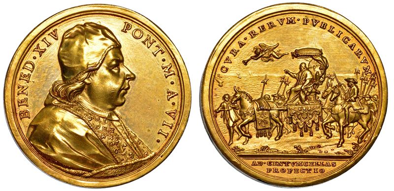 STATO PONTIFICIO. BENEDETTO XIV (Prospero Lorenzo Lambertini), 1740-1758. Medaglia annuale in bronzo dorato A. VII (1747). Viaggio del Pontefice a Civitavecchia.  - Auction Numismatics - Medals and popes - II - Cambi Casa d'Aste