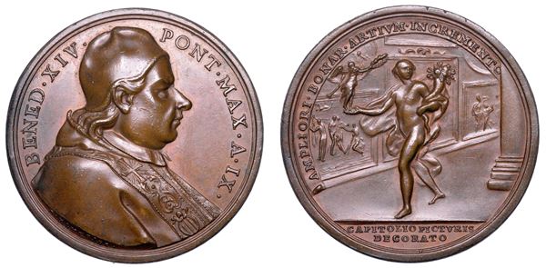 STATO PONTIFICIO. BENEDETTO XIV (Prospero Lorenzo Lambertini), 1740-1758. Medaglia annuale in bronzo A. IX (1749). Arricchimento della Pinacoteca del Museo Capitolino.