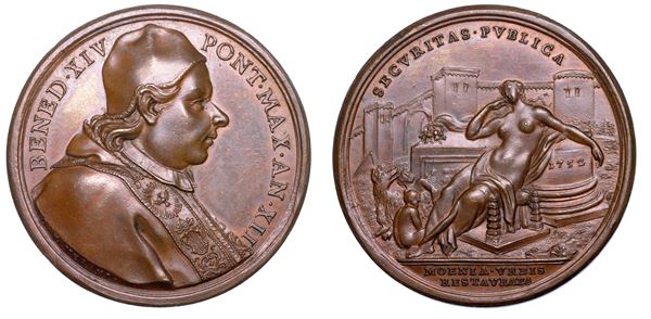 STATO PONTIFICIO. BENEDETTO XIV (Prospero Lorenzo Lambertini), 1740-1758. Medaglia annuale in bronzo 1752/A. XII. Restauro delle mura di Roma.