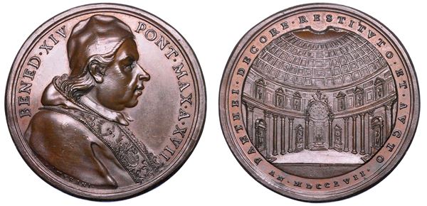 STATO PONTIFICIO. BENEDETTO XIV (Prospero Lorenzo Lambertini), 1740-1758. Medaglia annuale in bronzo 1757/A. XVII. I restauri del Pantheon.