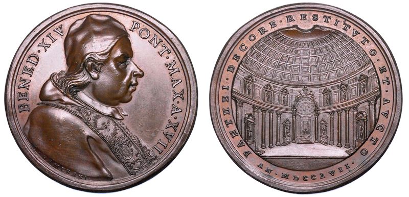 STATO PONTIFICIO. BENEDETTO XIV (Prospero Lorenzo Lambertini), 1740-1758. Medaglia annuale in bronzo 1757/A. XVII. I restauri del Pantheon.  - Auction Numismatics - Medals and popes - II - Cambi Casa d'Aste