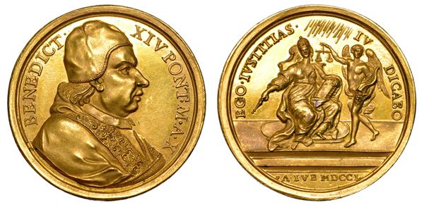 STATO PONTIFICIO. BENEDETTO XIV (Prospero Lorenzo Lambertini), 1740-1758. Medaglia annuale in bronzo dorato 1750/A. JUB. Anno Santo 1750.