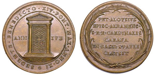 STATO PONTIFICIO. BENEDETTO XIV (Prospero Lorenzo Lambertini), 1740-1758. Medaglia annuale in bronzo 1750/A. XI. Chiusura della Porta Santa della Basilica di San Paolo.