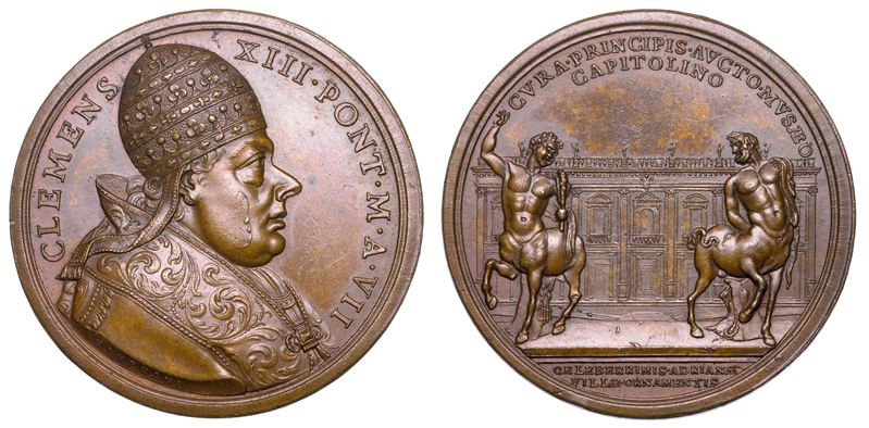STATO PONTIFICIO. CLEMENTE XIII (Carlo Rezzonico), 1758-1769. Medaglia annuale in bronzo 1765/A. VII. I Centauri di villa Adriana al Museo Capitolino.  - Auction Numismatics - Medals and popes - II - Cambi Casa d'Aste