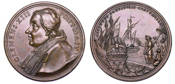 STATO PONTIFICIO. CLEMENTE XIII (Carlo Rezzonico), 1758-1769. Medaglia annuale in bronzo 1762/A. IV. Costruzione della fregata San Carlo e San Clemente.