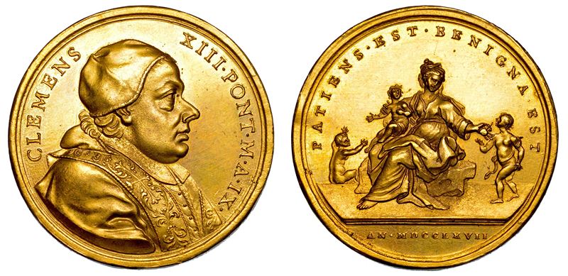 STATO PONTIFICIO. CLEMENTE XIII (Carlo Rezzonico), 1758-1769. Medaglia annuale in bronzo dorato 1767/A. IX. Provvedimenti per lo sviluppo dell'agricoltura.  - Auction Numismatics - Medals and popes - II - Cambi Casa d'Aste