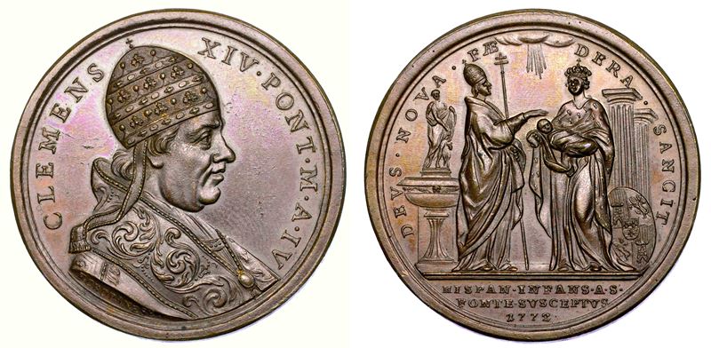 STATO PONTIFICIO. CLEMENTE XIV (Gian Vincenzo Antonio Ganganelli), 1769-1774. Medaglia annuale in bronzo 1772/A. IV. Battesimo dell'Infante di Spagna.  - Auction Numismatics - Medals and popes - II - Cambi Casa d'Aste