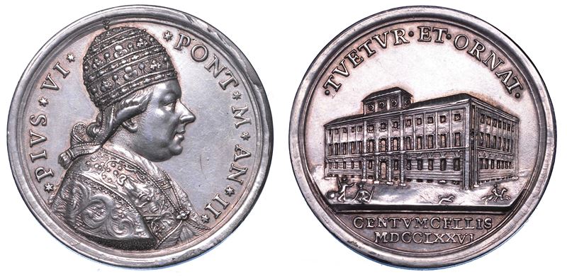 STATO PONTIFICIO. PIO VI (Giannangelo Braschi), 1775-1799. Medaglia annuale bronzo argentato 1776/A. II. Le nuove caserme di Civitavecchia.  - Auction Numismatics - Medals and popes - II - Cambi Casa d'Aste