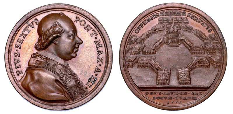 STATO PONTIFICIO. PIO VI (Giannangelo Braschi), 1775-1799. Medaglia annuale in bronzo 1777/A. III. Fondazione del Borgo di San Lorenzo Nuovo.  - Auction Numismatics - Medals and popes - II - Cambi Casa d'Aste