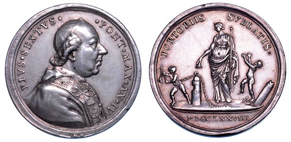 STATO PONTIFICIO. PIO VI (Giannangelo Braschi), 1775-1799. Medaglia annuale in bronzo argentato 1778/A. IV. Abolizione dei pedaggi.