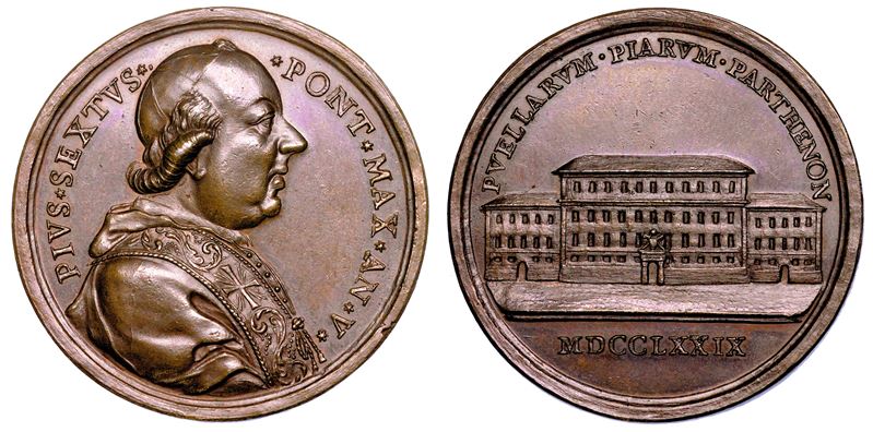STATO PONTIFICIO. PIO VI (Giannangelo Braschi), 1775-1799. Medaglia annuale in bronzo 1779/A. V. Conservatorio Pio a S. Pietro in Montorio.  - Auction Numismatics - Medals and popes - II - Cambi Casa d'Aste