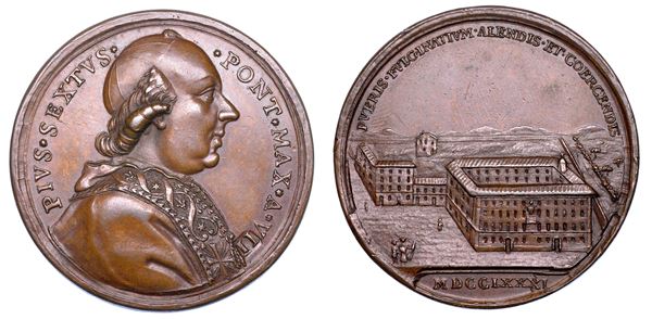 STATO PONTIFICIO. PIO VI (Giannangelo Braschi), 1775-1799. Medaglia annuale in bronzo 1781/A. VII (anno ribattuto). Reclusorio Pio pontificio di Foligno.