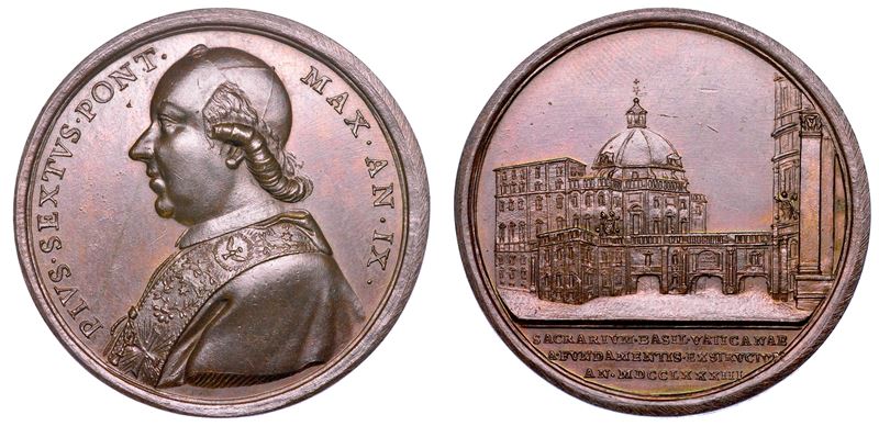 STATO PONTIFICIO. PIO VI (Giannangelo Braschi), 1775-1799. Medaglia annuale in bronzo 1783/A. IX. La nuova Sacrestia Vaticana in San Pietro.  - Auction Numismatics - Medals and popes - II - Cambi Casa d'Aste