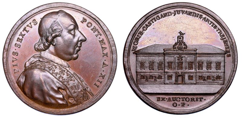 STATO PONTIFICIO. PIO VI (Giannangelo Braschi), 1775-1799. Medaglia annuale in bronzo 1786/A. XII. Il nuovo carcere di Treja (Macerata).  - Auction Numismatics - Medals and popes - II - Cambi Casa d'Aste