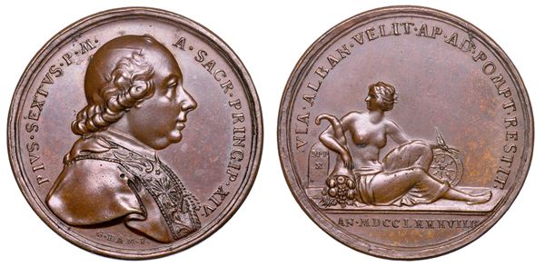 STATO PONTIFICIO. PIO VI (Giannangelo Braschi), 1775-1799. Medaglia annuale in bronzo 1788/A. XIV. La Via Appia Antica riaperta al traffico.