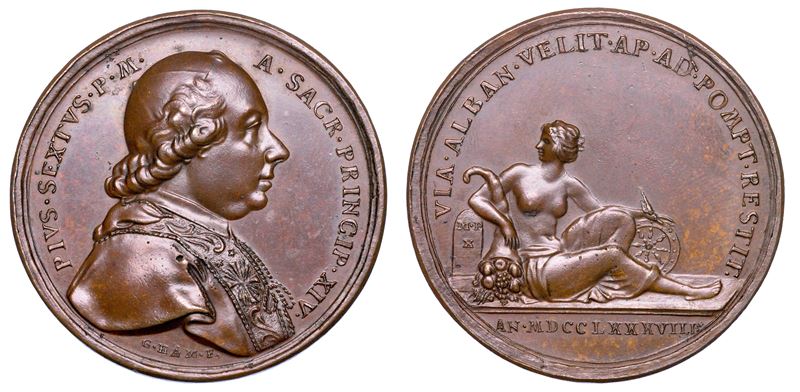STATO PONTIFICIO. PIO VI (Giannangelo Braschi), 1775-1799. Medaglia annuale in bronzo 1788/A. XIV. La Via Appia Antica riaperta al traffico.  - Auction Numismatics - Medals and popes - II - Cambi Casa d'Aste