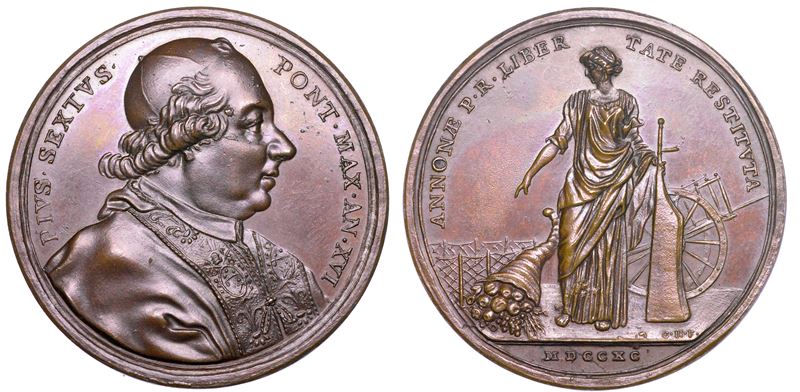 STATO PONTIFICIO. PIO VI (Giannangelo Braschi), 1775-1799. Medaglia annuale in bronzo 1790/A. XVI. L'abolizione delle leggi Annonarie.  - Auction Numismatics - Medals and popes - II - Cambi Casa d'Aste