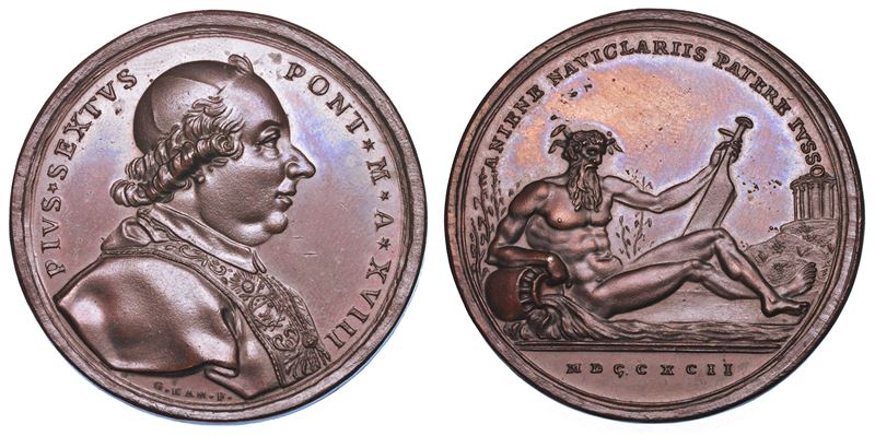STATO PONTIFICIO. PIO VI (Giannangelo Braschi), 1775-1799. Medaglia annuale in bronzo 1792/A. XVIII. L'Aniene reso navigabile da Tivoli a Roma.  - Auction Numismatics - Medals and popes - II - Cambi Casa d'Aste