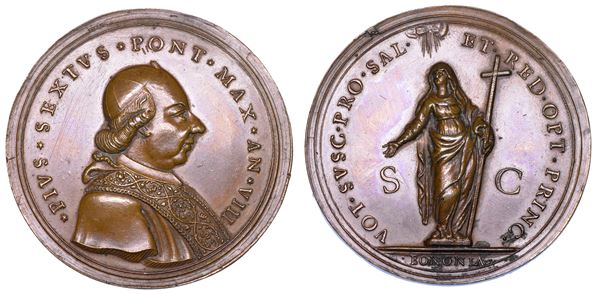 STATO PONTIFICIO. PIO VI (Giannangelo Braschi), 1775-1799. Medaglia in bronzo 1782/A. VIII. La Città di Bologna al ritorno del Pontefice da Vienna.
