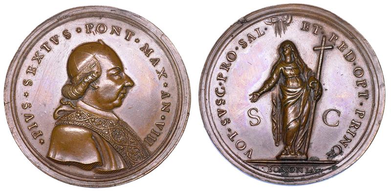STATO PONTIFICIO. PIO VI (Giannangelo Braschi), 1775-1799. Medaglia in bronzo 1782/A. VIII. La Città di Bologna al ritorno del Pontefice da Vienna.  - Auction Numismatics - Medals and popes - II - Cambi Casa d'Aste