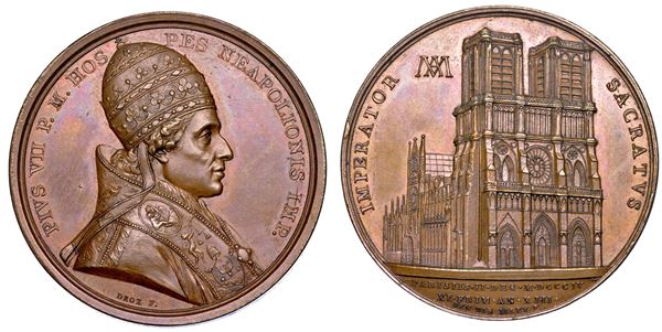 STATO PONTIFICIO. PIO VII (Barnaba Chiaramonti), 1800-1823. Medaglia in bronzo 1804 (A. V). Il Pontefice a Parigi per l'incoronazione di Napoleone I.