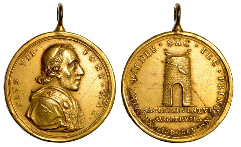 STATO PONTIFICIO. PIO VII (Barnaba Chiaramonti), 1800-1823. Medaglia in bronzo dorato 1805 (A. VI). Visita del Pontefice a Perugia.  - Auction Numismatics - Medals and popes - II - Cambi Casa d'Aste