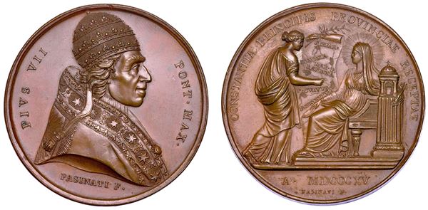 STATO PONTIFICIO. PIO VII (Barnaba Chiaramonti), 1800-1823. Medaglia  in bronzo 1815 (A. XVI). Restituzione allo Stato Pontificio delle sue provincie.