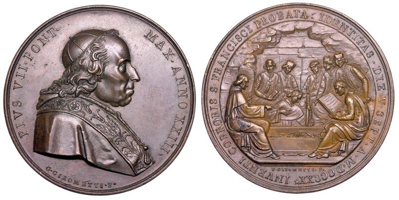 STATO PONTIFICIO. PIO VII (Barnaba Chiaramonti), 1800-1823. Medaglia annuale in bronzo 1820/A. XXIII. Ritrovamento e riconoscimento del corpo di San Francesco d'Assisi.  - Auction Numismatics - Medals and popes - II - Cambi Casa d'Aste
