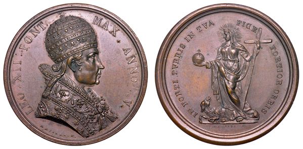 STATO PONTIFICIO. LEONE XII (Annibale Sermattei della Genga), 1823-1829. Medaglia in bronzo A. V (1828). Riconoscenza dell'Ospizio di San Michele.