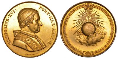 Cappellari (Gregorio XVI), Medaglia in bronzo dorato, 1840/A, Società di Propaganda Fide (Anno X)