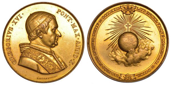STATO PONTIFICIO. GREGORIO XVI (Bartolomeo Alberto Cappellari), 1831-1846. Medaglia in bronzo dorato 1840/A. X. Società di Propaganda Fide.