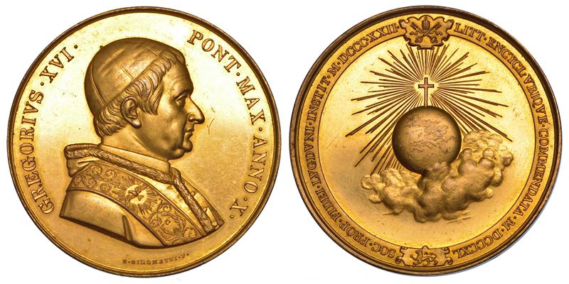 STATO PONTIFICIO. GREGORIO XVI (Bartolomeo Alberto Cappellari), 1831-1846. Medaglia in bronzo dorato 1840/A. X. Società di Propaganda Fide.  - Auction Numismatics - Medals and popes - II - Cambi Casa d'Aste