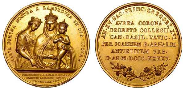 STATO PONTIFICIO. GREGORIO XVI (Bartolomeo Alberto Cappellari), 1831-1846. Medaglia in bronzo dorato 1845 (A. XIII). Incoronazione con corona d'oro della Beata Vergine di Lampedusa.