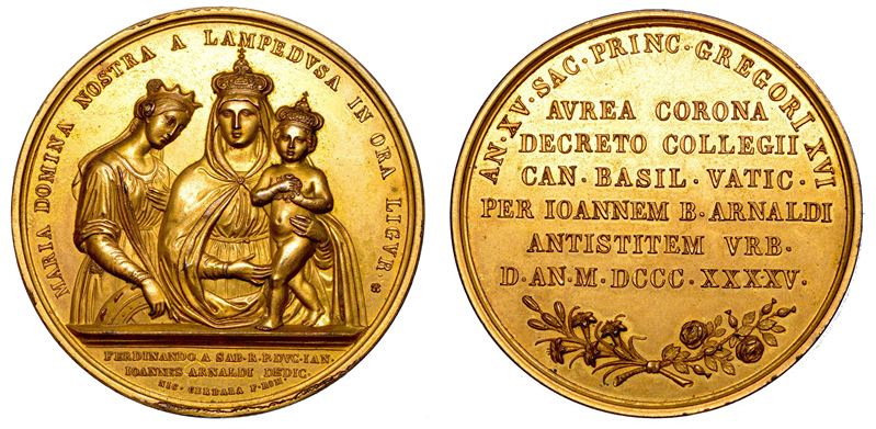 STATO PONTIFICIO. GREGORIO XVI (Bartolomeo Alberto Cappellari), 1831-1846. Medaglia in bronzo dorato 1845 (A. XIII). Incoronazione con corona d'oro della Beata Vergine di Lampedusa.  - Auction Numismatics - Medals and popes - II - Cambi Casa d'Aste