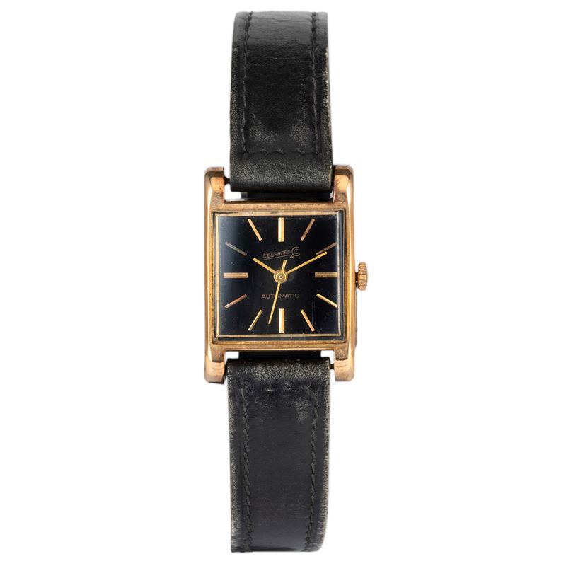 Eberhard &amp;amp; Co : Carrè in oro giallo 18k, quadrante smalto nero con indici applicati, movimento al quarzo, 21x21 mm  - Asta Orologi da Polso - Cambi Casa d'Aste