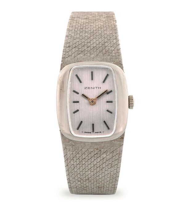 Zenith - 18k white gold solo time with integrated bracelet, brushed silver dial, with box and guarantee, circa 1970