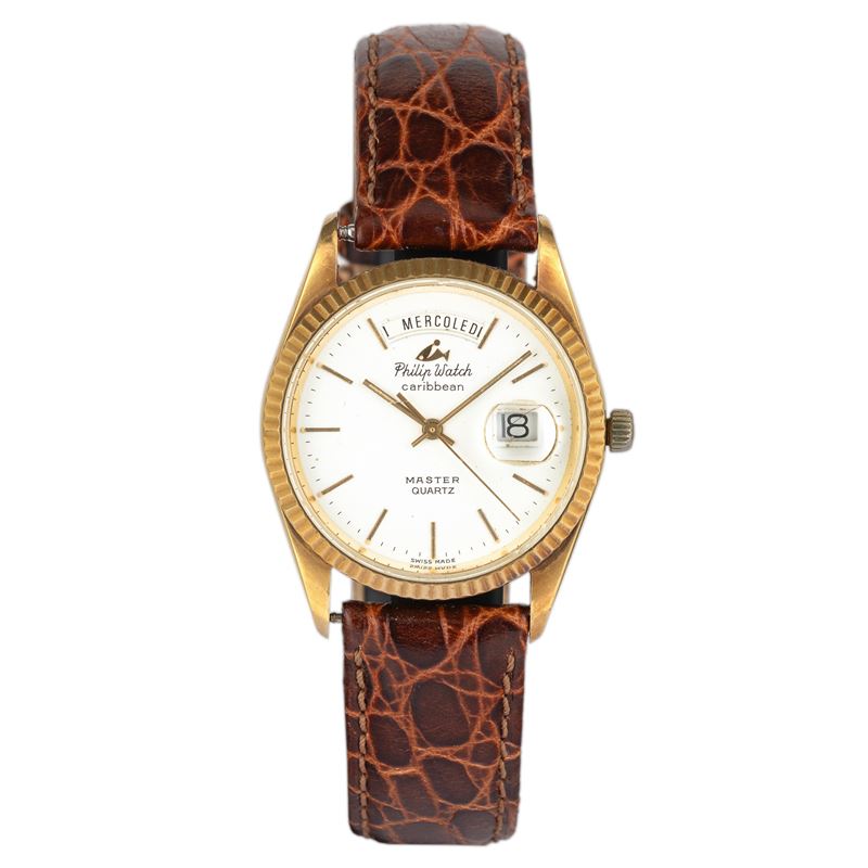 Philip Watch : Day-Date ref. 6194 in oro giallo 18k, quadrante bianco con indici a bastone, indicazione del giorno della settimana e datario al tre, movimento al quarzo, 35 mm   - Auction Orologi da polso - Cambi Casa d'Aste