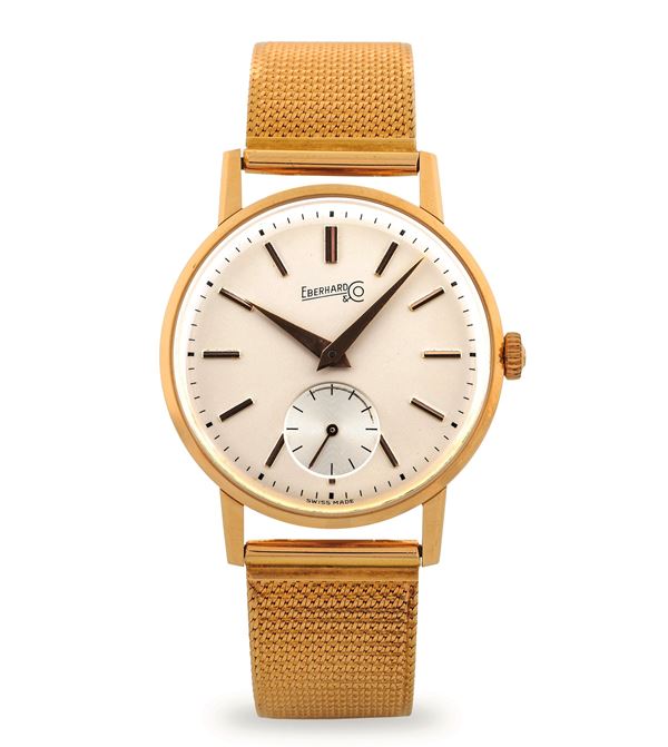 Solo tempo in oro giallo 18k e bracciale maglia milanese, quadrante argenté con piccoli secondi al sei, 35 mm, 61,3 g, con scatola originale