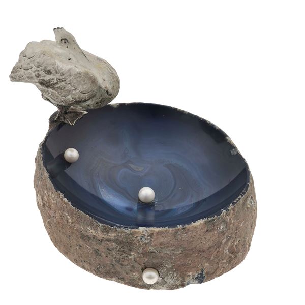 Blue agate holder with silver and enamel stork and pearl. Signed Alfredo Ravasco. Small damage
