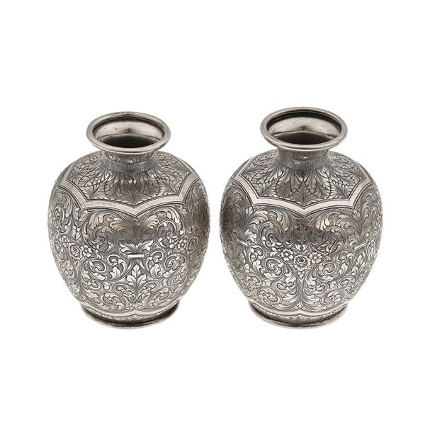 Two engraved silver vases. Signed M. Buccellati