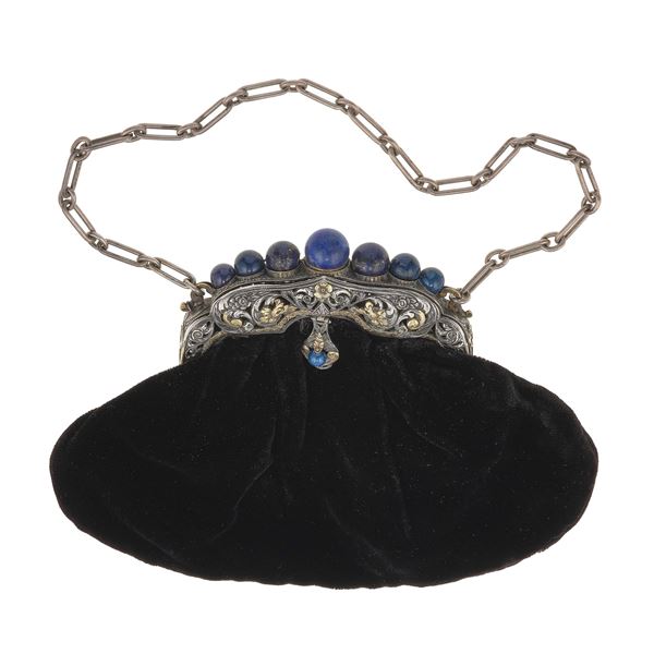 Velvet, lapis lazuli and silver evening bag. Signed M. Buccellati