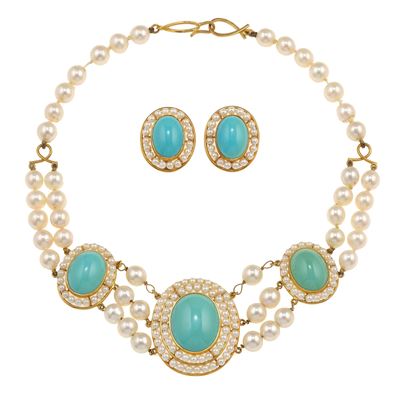 Demi-parure di collana e orecchini in oro giallo 750/1000 con pasta di turchese e perle coltivate
