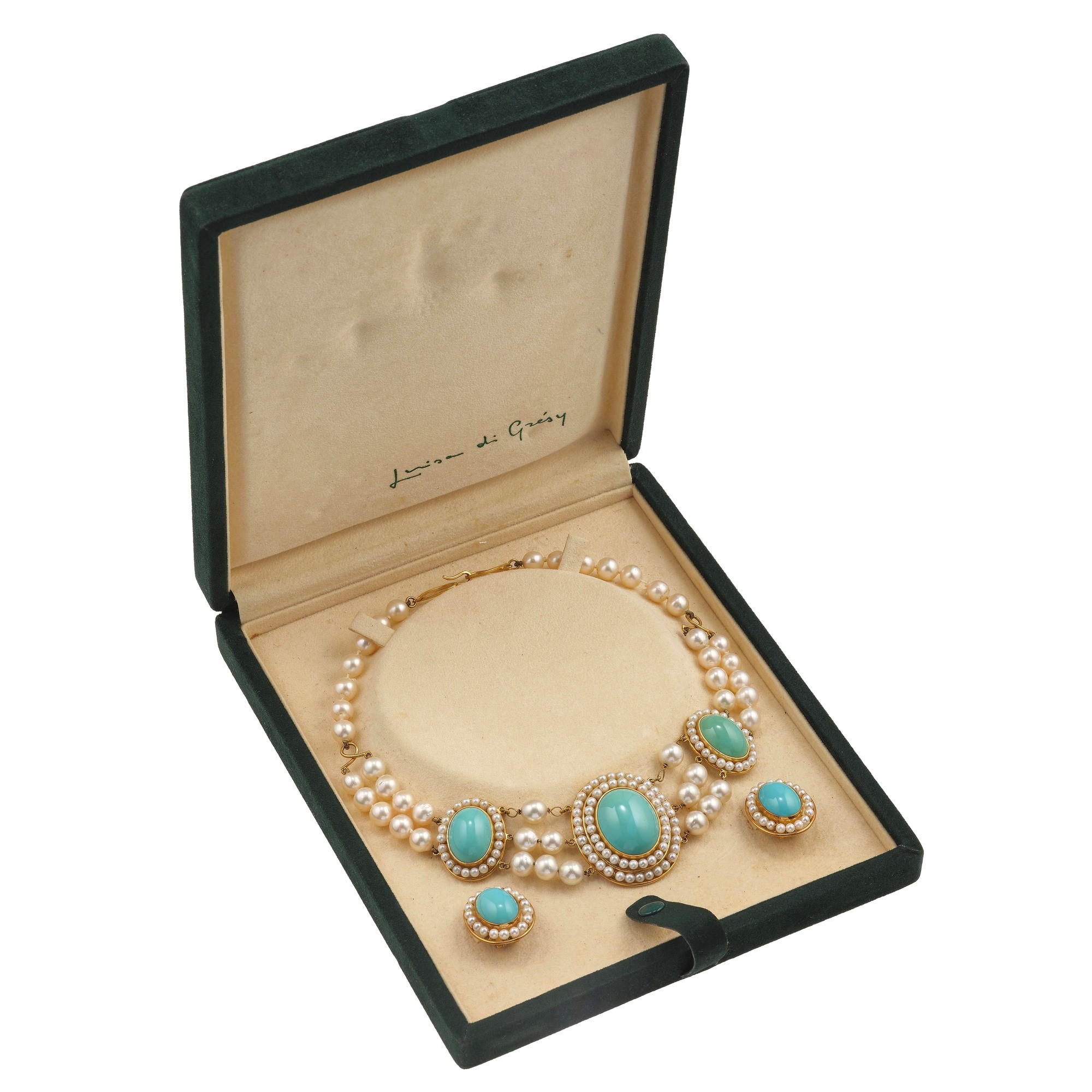 Demi-parure di collana e orecchini in oro giallo 750/1000 con pasta di turchese e perle coltivate