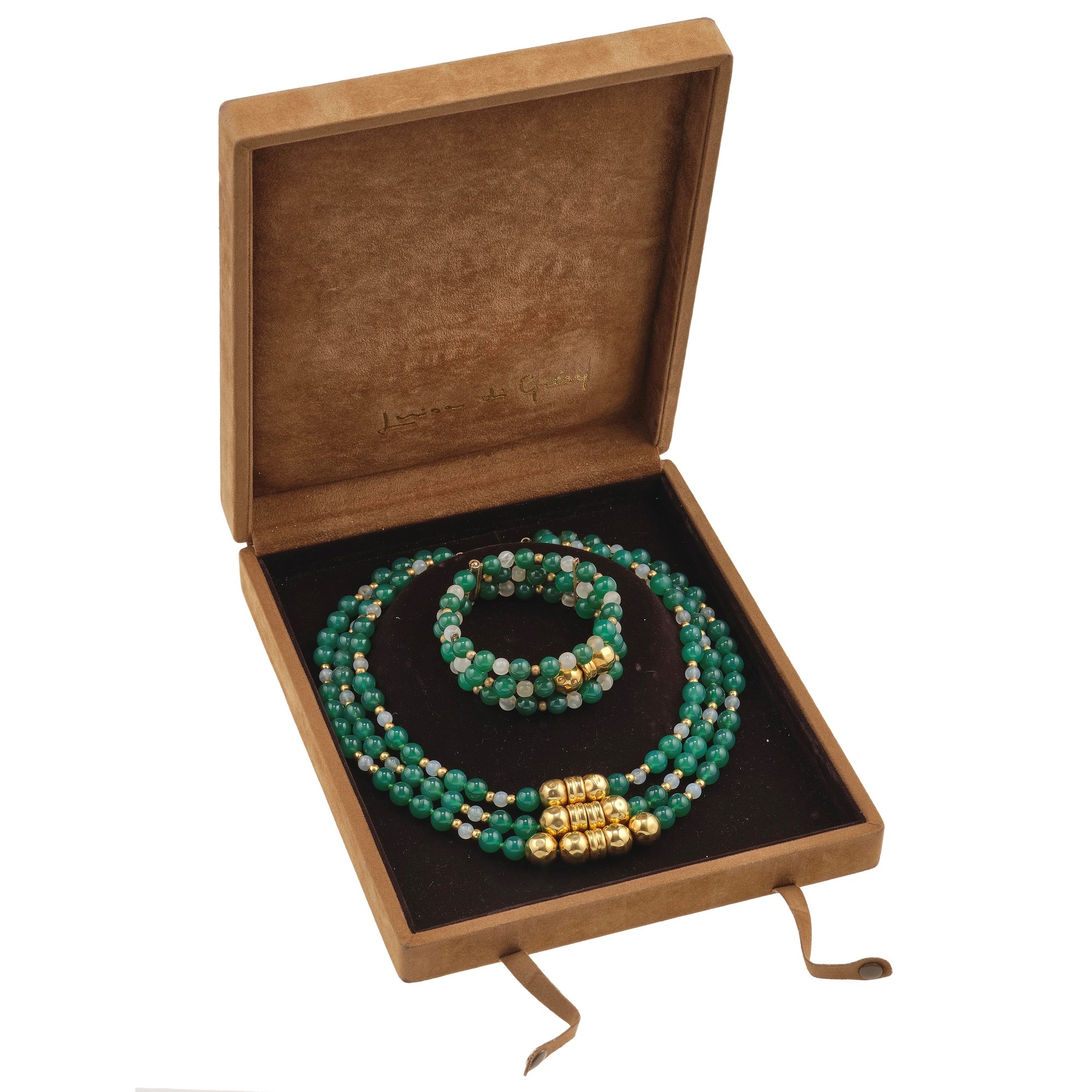 Demi-parure, collana e bracciale a più fili in calcedonio verde e bianco con inserti in oro 18 ca...