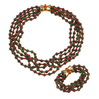 Demi-parure Composta da Collana e Bracciale a Più Fili con Boules di Diaspro ed Inserti in Corall...